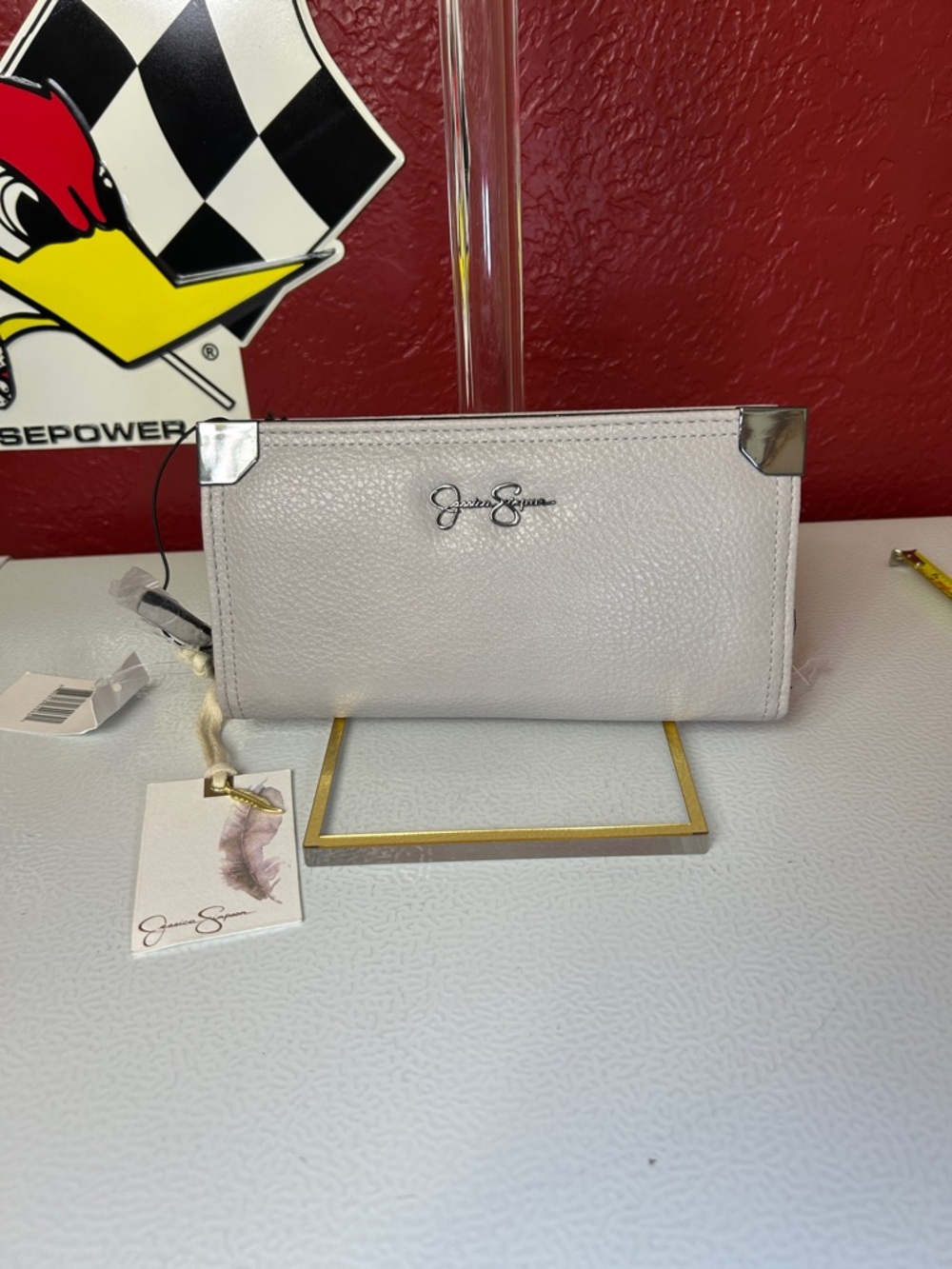 Jessica Simpson White Pebbled Zip-Around Wallet with Silver Accents